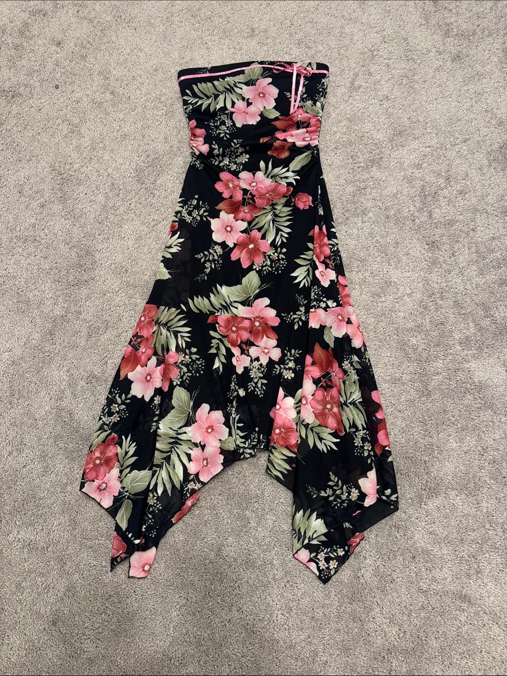 Vintage Trixxi Black Strapless Dress with Pink Floral Detail Y2K